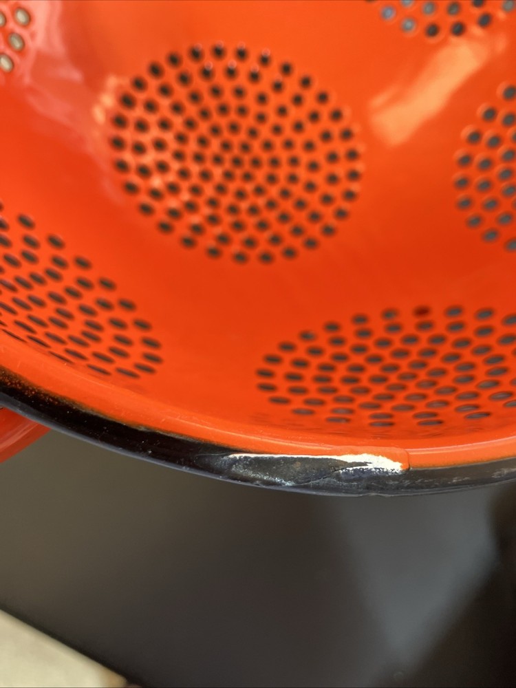 EUC-Vintage 9” Kitchen Orange Enamelware Strainer MCM Decor
