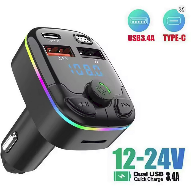 Car Charger FM Transmitter Bluetooth 5.0 PD Type-C Dual USB Ambient Player Hands