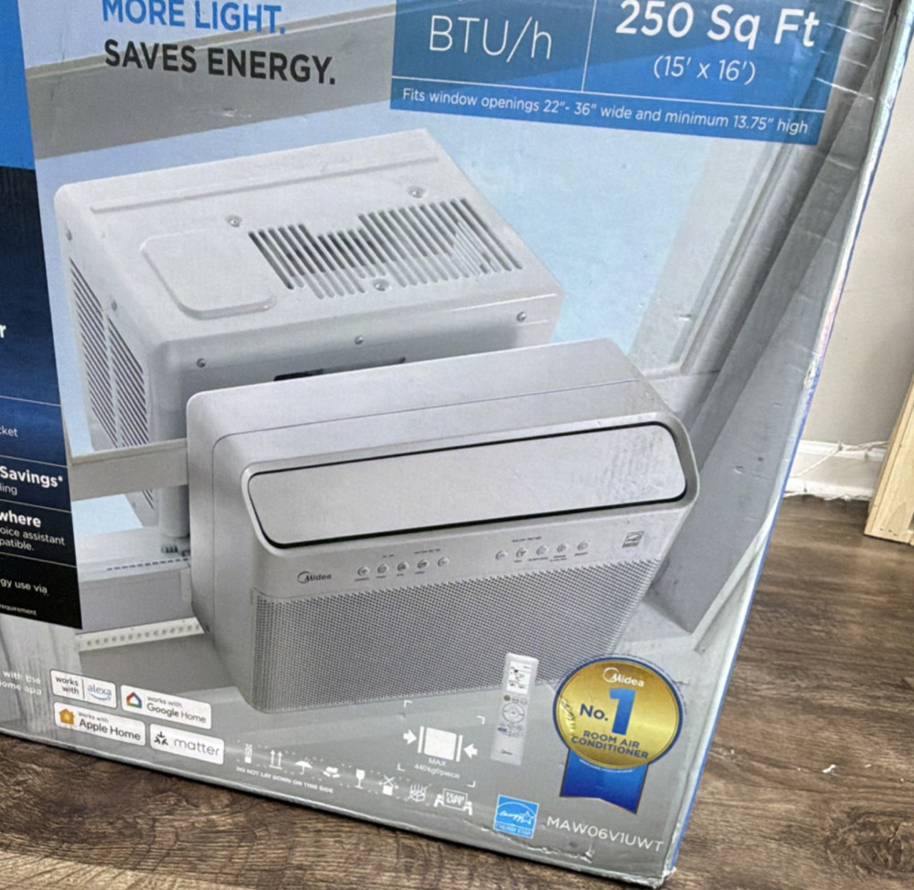 Midea MAW06V1UWT 6000 BTU U-Shaped Window AC, Smart Control, Fits 22-36" Window