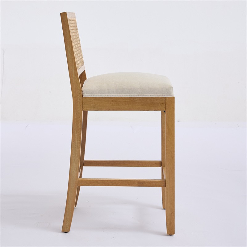 Set of 2 Solid Wood Rattan Bar Stools Comfort Linen Cushion High-Resilience Foam