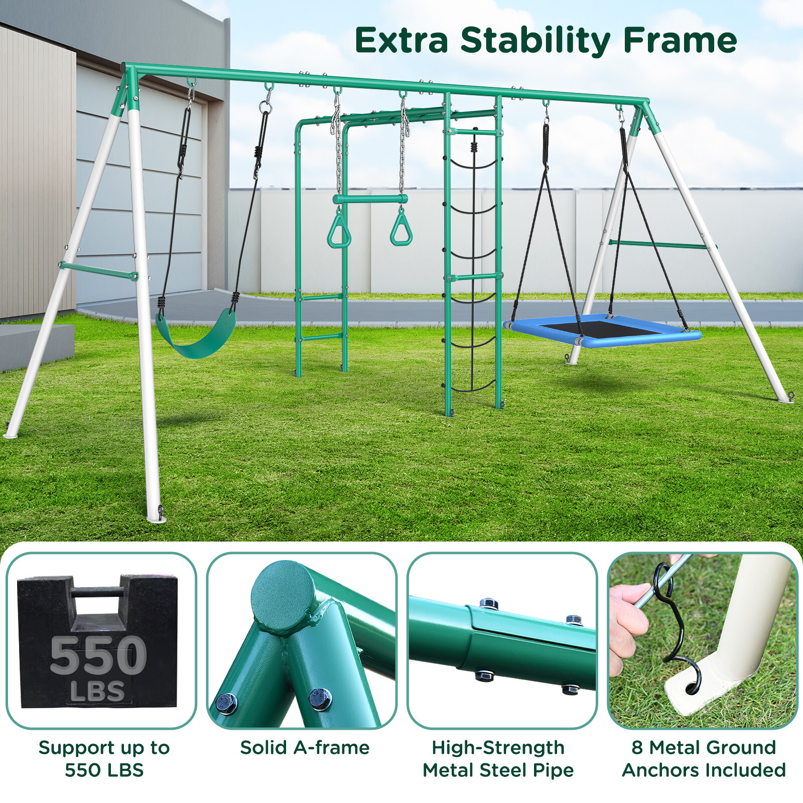 550lbs Metal Swing Set for Kids Playground Set Outdoor Backyard Play Heavy Duty
