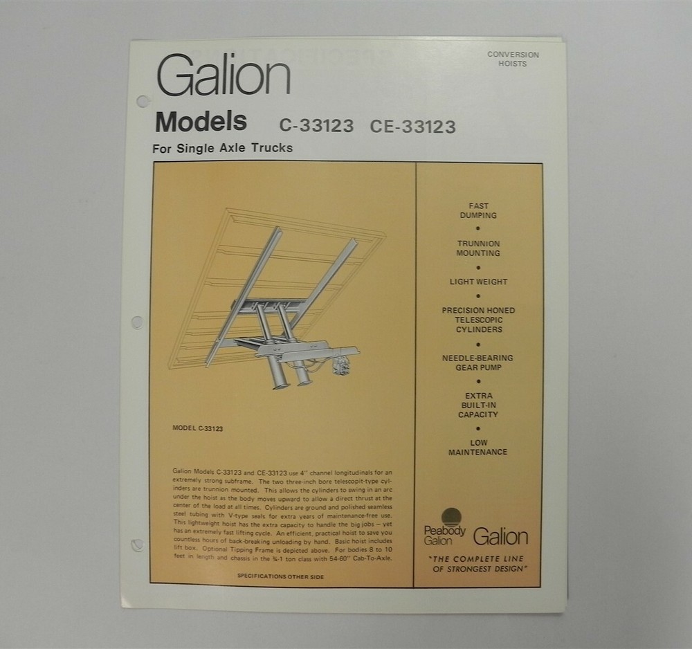 GALION MODEL SHEETS | FOR SINGLE AXLE TRUCKS CONVERSION HOISTS *VERY GOOD COND*