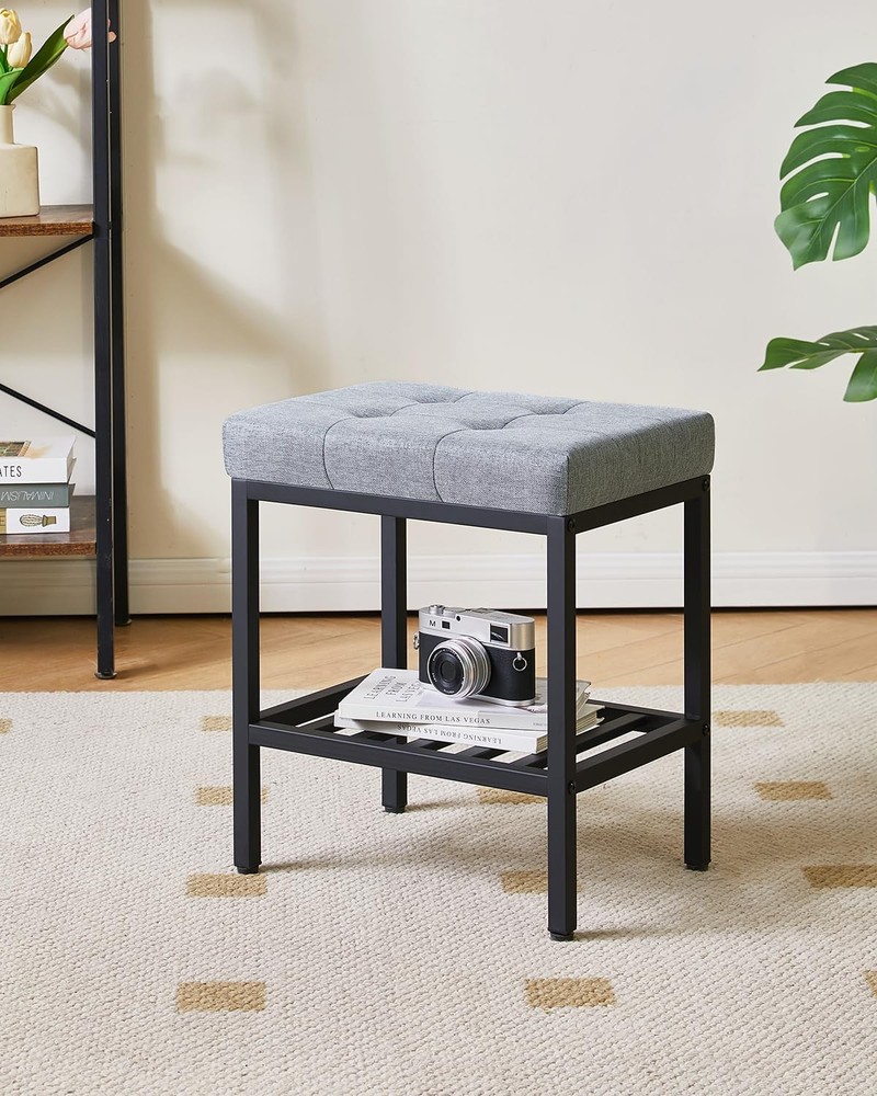 WBD017L Rectangular Makeup Stool Adjustable Storage Linen Vanity Blue Gray