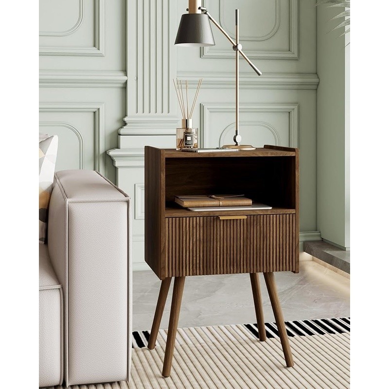 Modern Nightstand Small Side Table W/ Storage Drawer & Open Shelf Elegant Design