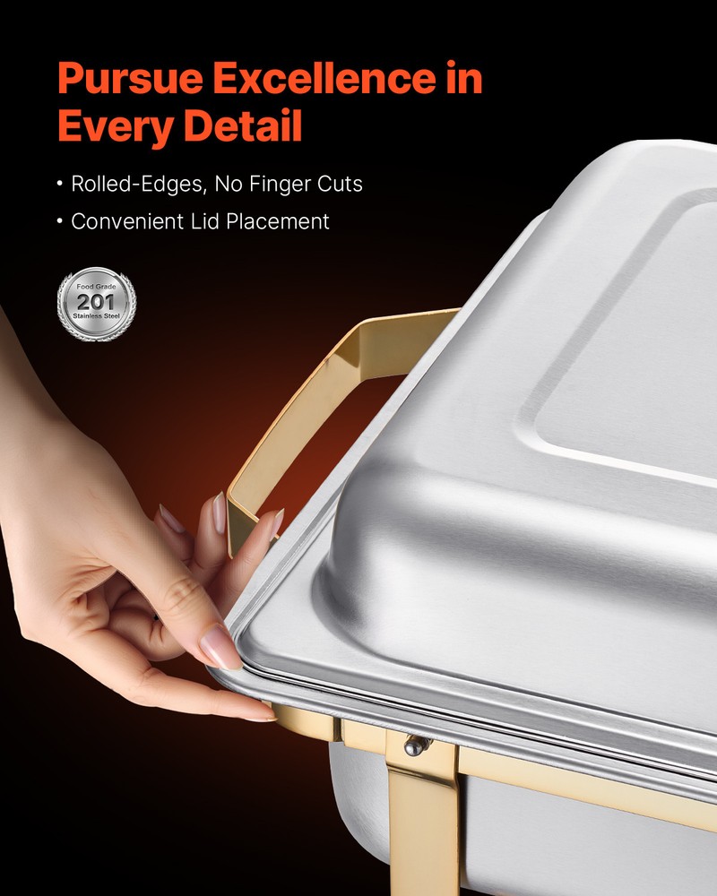 VEVOR 8 Qt 4 Pack Rectangle Chafing Dish Buffet Set Full-Size & Half-Size Gold
