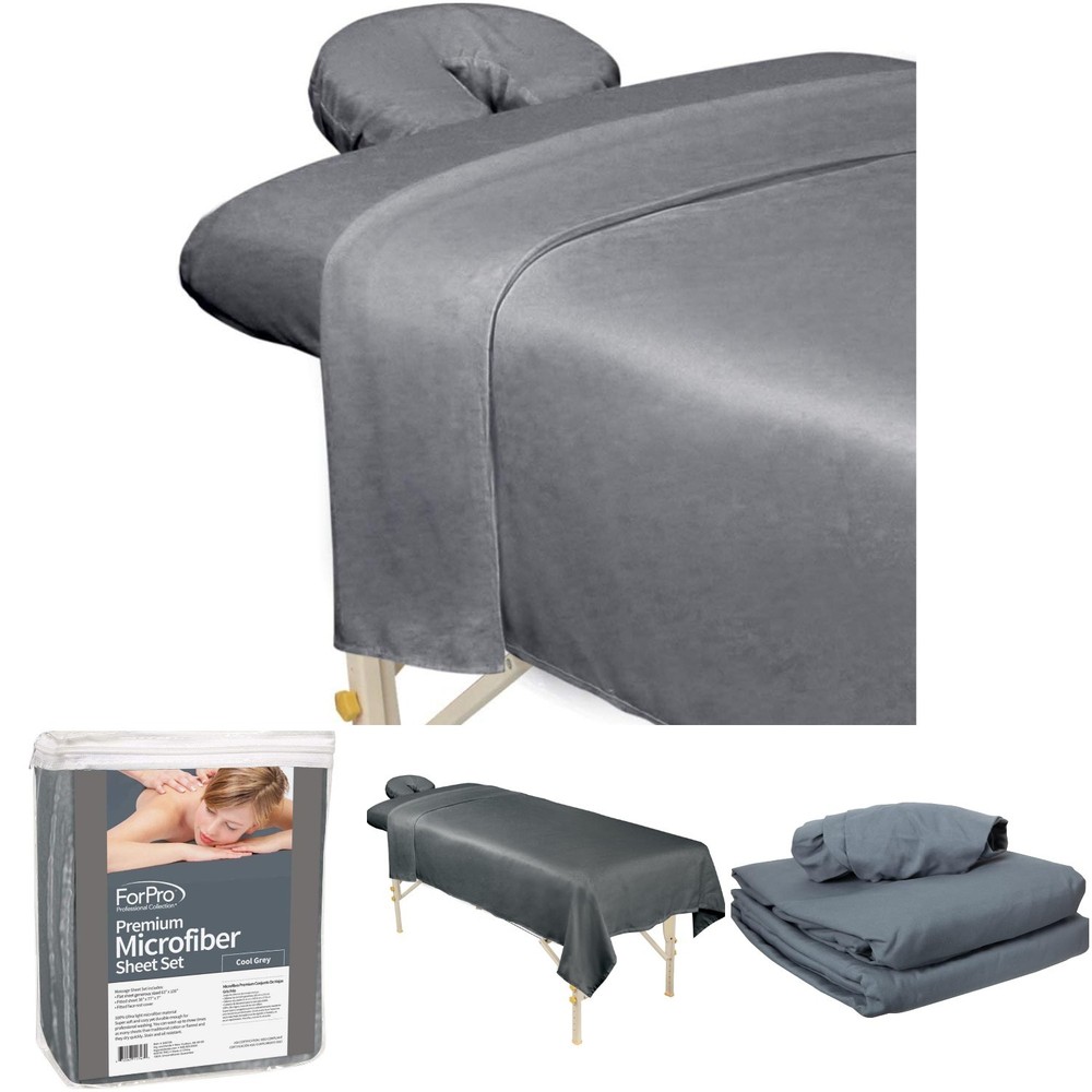 Cool Grey Microfiber 3-Piece Massage Sheet Set Flat Fitted Face Rest Ultra-Light