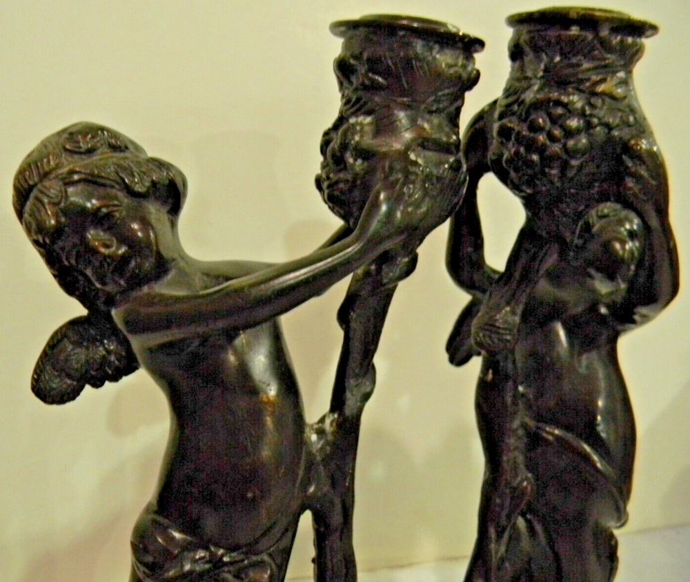 1900'S ANTIQUE BRONZE CHERUB CANDLE HOLDERS PAIR NICE