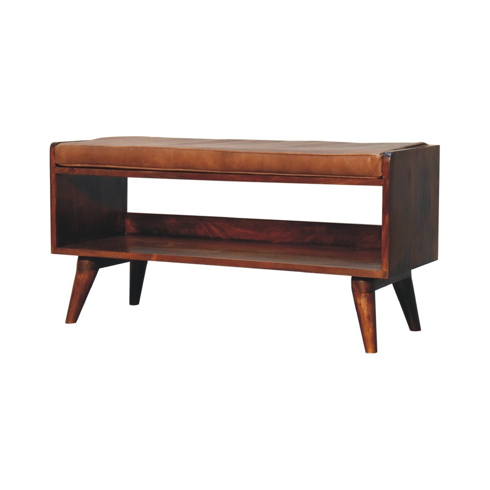 Chestnut Bench with Brown Leather Seat