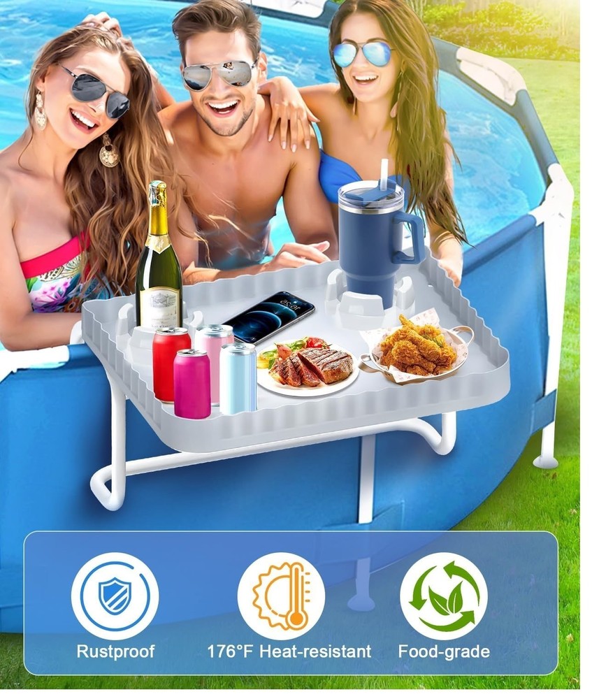 Above Ground Pool Bar, Poolside Table Serving Tray 2 Cup Holders Blue NEW