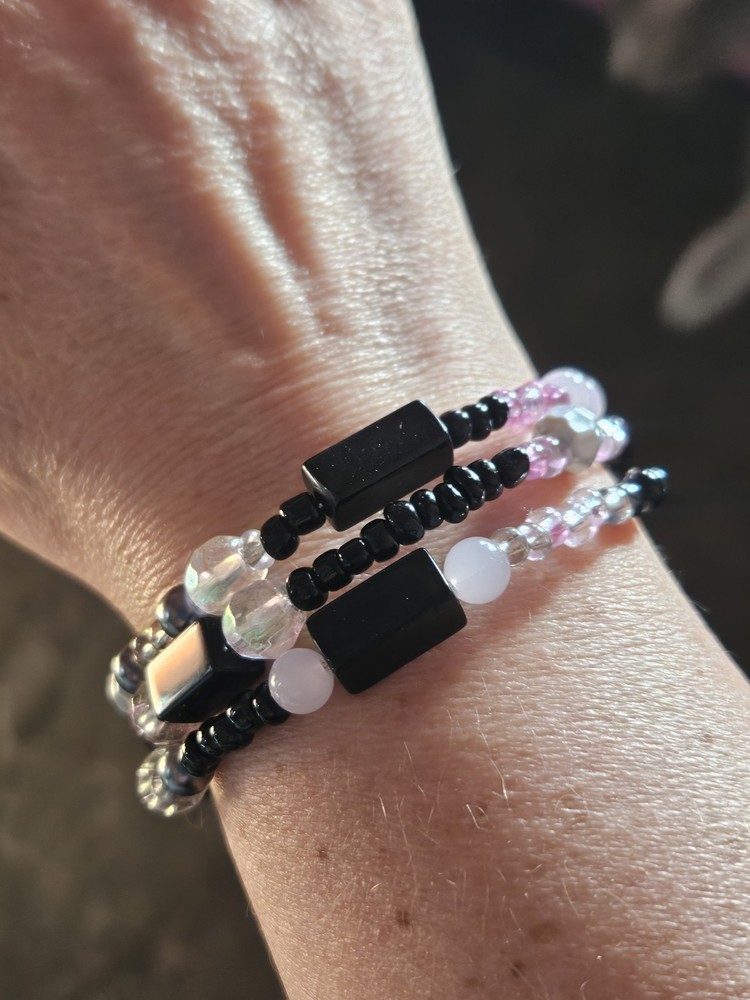 Beaded Coiled Black Pink Grey Bracelet