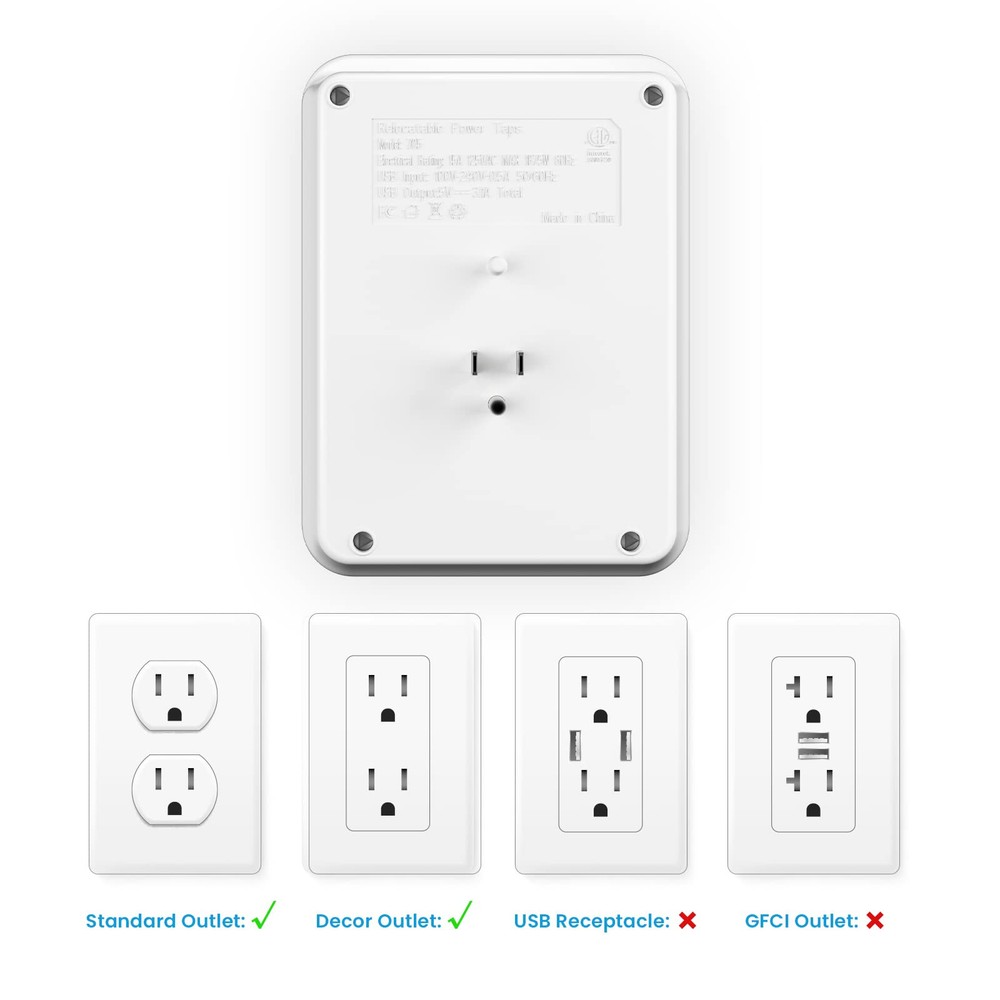 USB Wall Outlet Extender with On Off Switch, surge protector outlet,6 AC Mult...