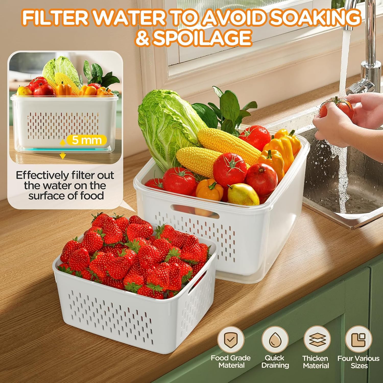 5-Piece Set, 4-in-1 Lidded Fruit & Vegetable Storage Containers, Leak-Proof