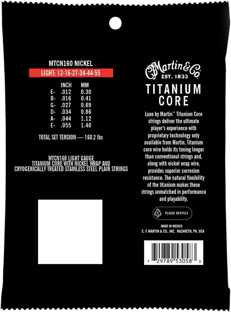Martin Guitar Titanium Core Strings, Light-Tension Nickel Acoustic Guitar String