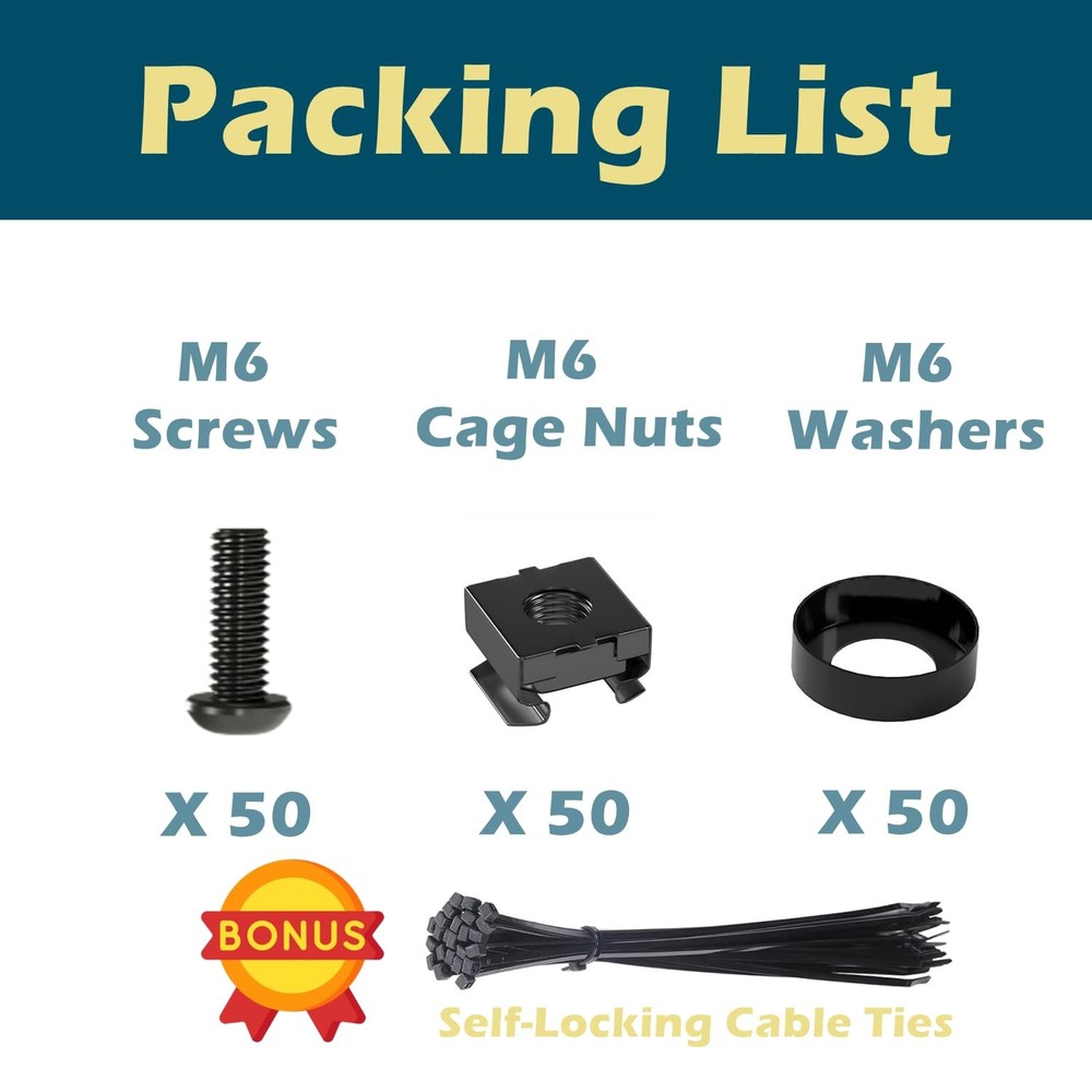 50 Pack M6 Rack Mount Cage Nuts, Screws Nuts 50 Pack, Black