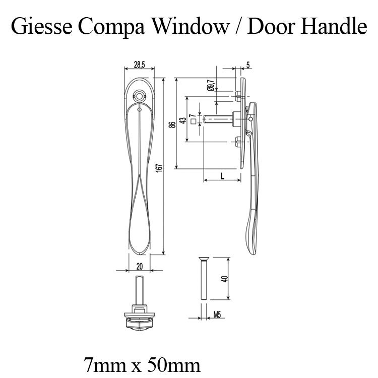 Giesse Compa Window Door Handle 7mm x 50mm Spindle