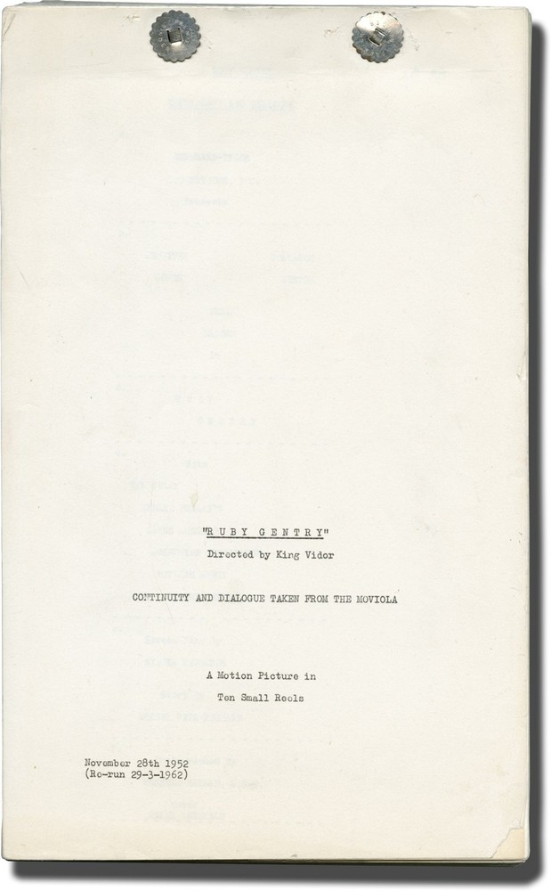 King Vidor RUBY GENTRY Original post-production script for the 1962 #143471