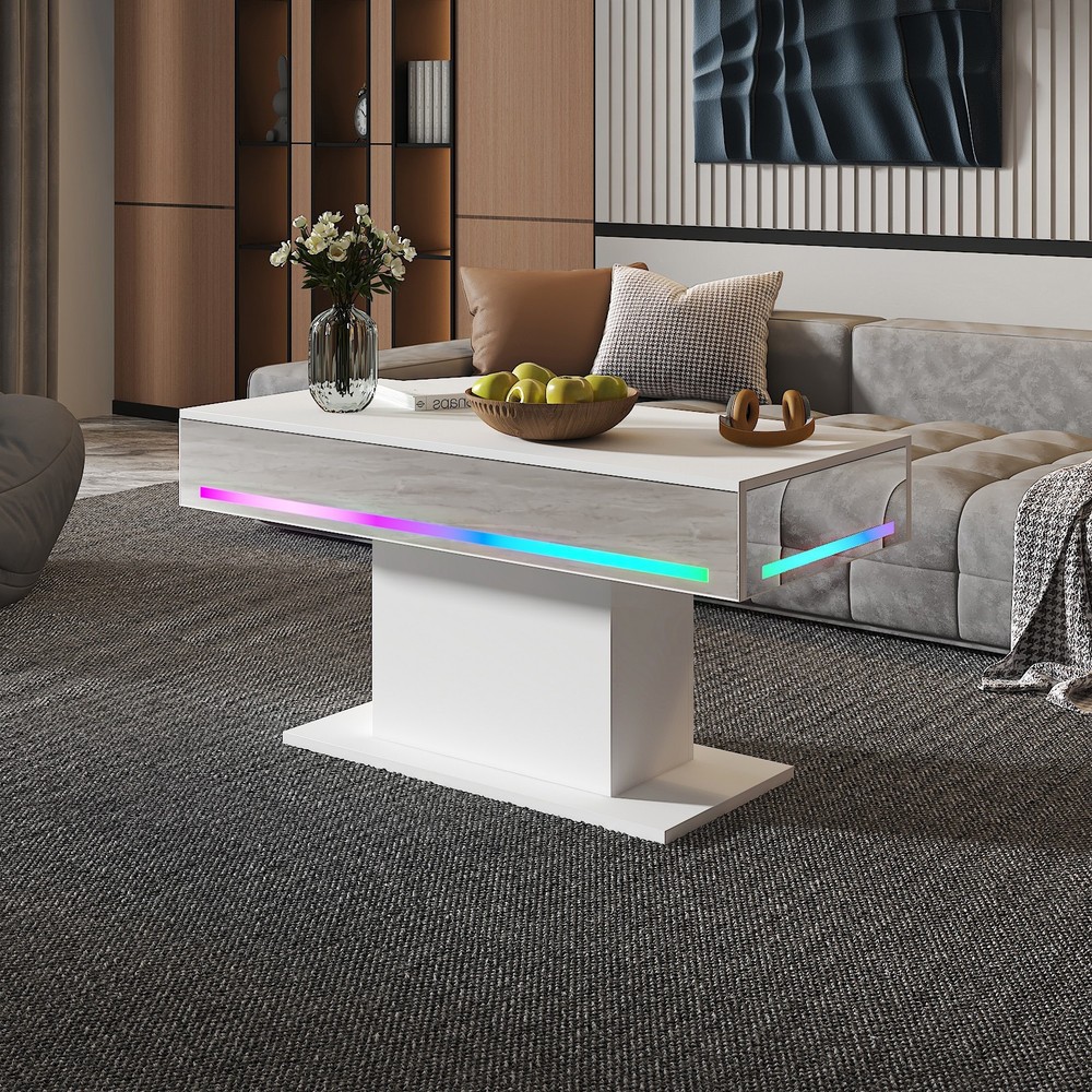 Led Coffee Table with 16 Colors LED Lights Living Room Rectangular Center Table