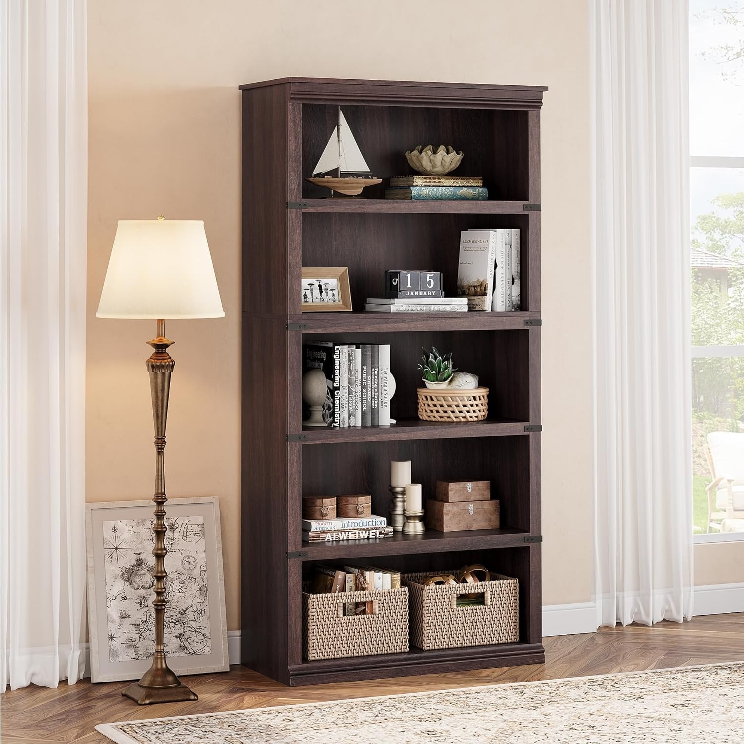Cherry 5-Tier Wooden Bookcase with Open Display Shelves for Home Office