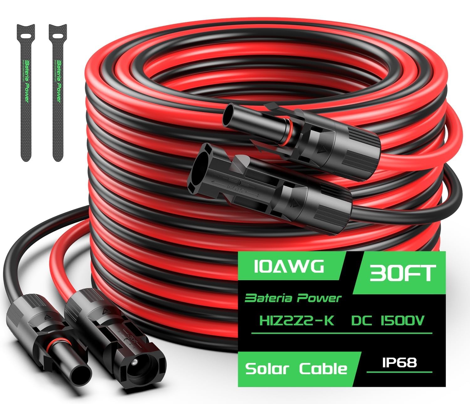30FT 10AWG Solar Panel Extension Cable, Bateria 30FT, Black and Red