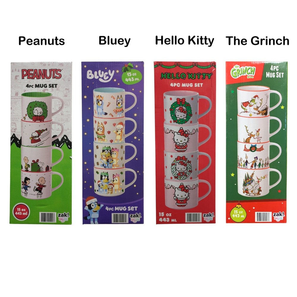 Zak Designs 15oz Stackable Ceramic Holiday Mug Set, 4pc