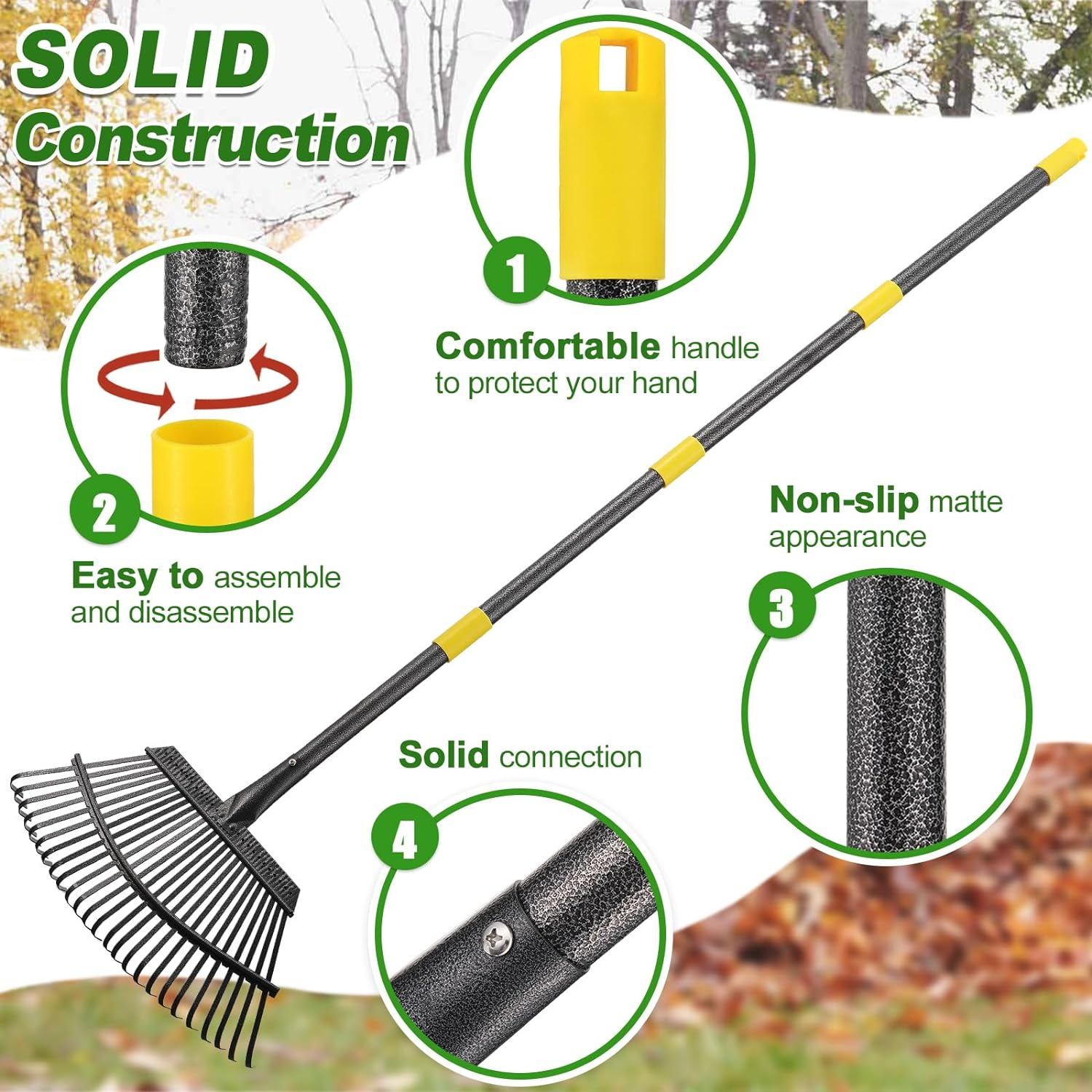 30~60" Long handle 25 Metal Tines Effective Rack for Yard Lawn Shrub tree Leaves