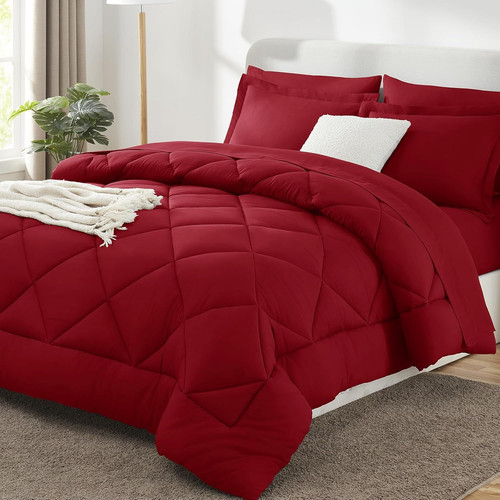 CozyLux King Size Comforter Set Dark Red - 7 Pieces Bed in a King,
