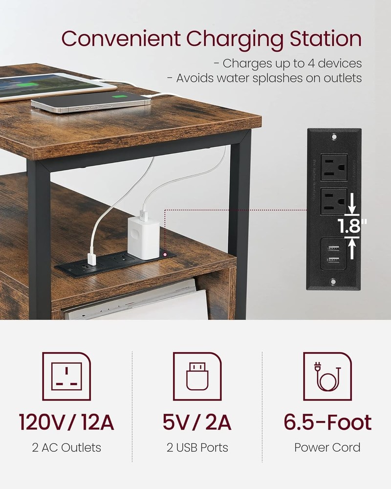 VASAGLE Side Table with Charging Station, Narrow End Rustic Brown + Black
