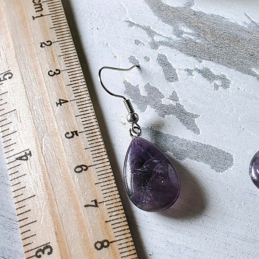 Amethyst Puffed Teardrop Handcrafted Purple Silver Gemstone Dangle Earrings