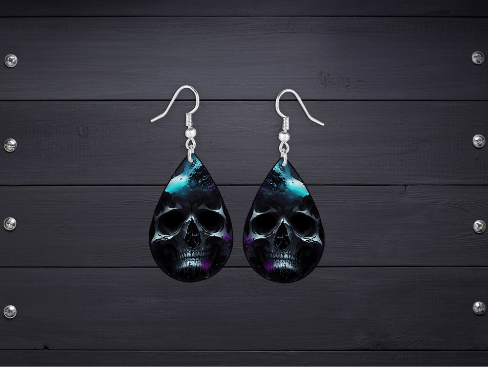 Dark Shadowed Skull Teardrop Earrings