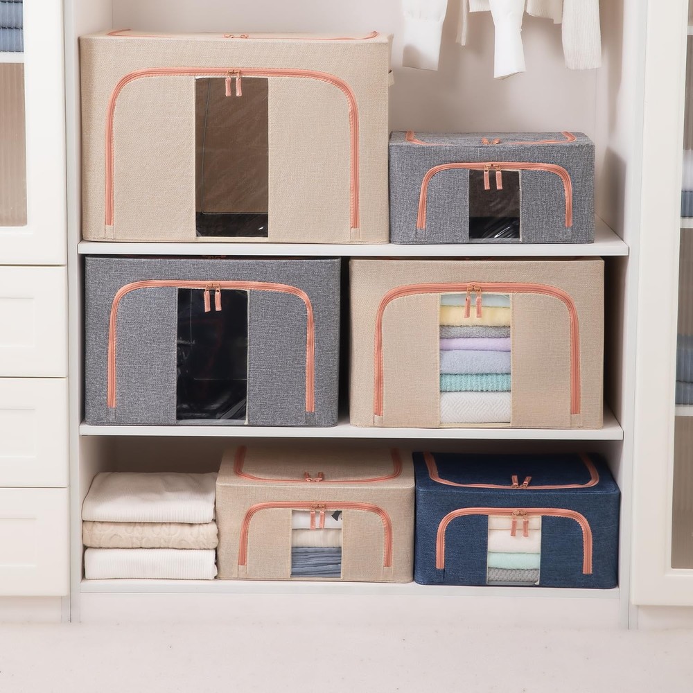 3 Pack 24L Stackable Clothes Storage Bins with Metal Frame Handles & Zipper, ...