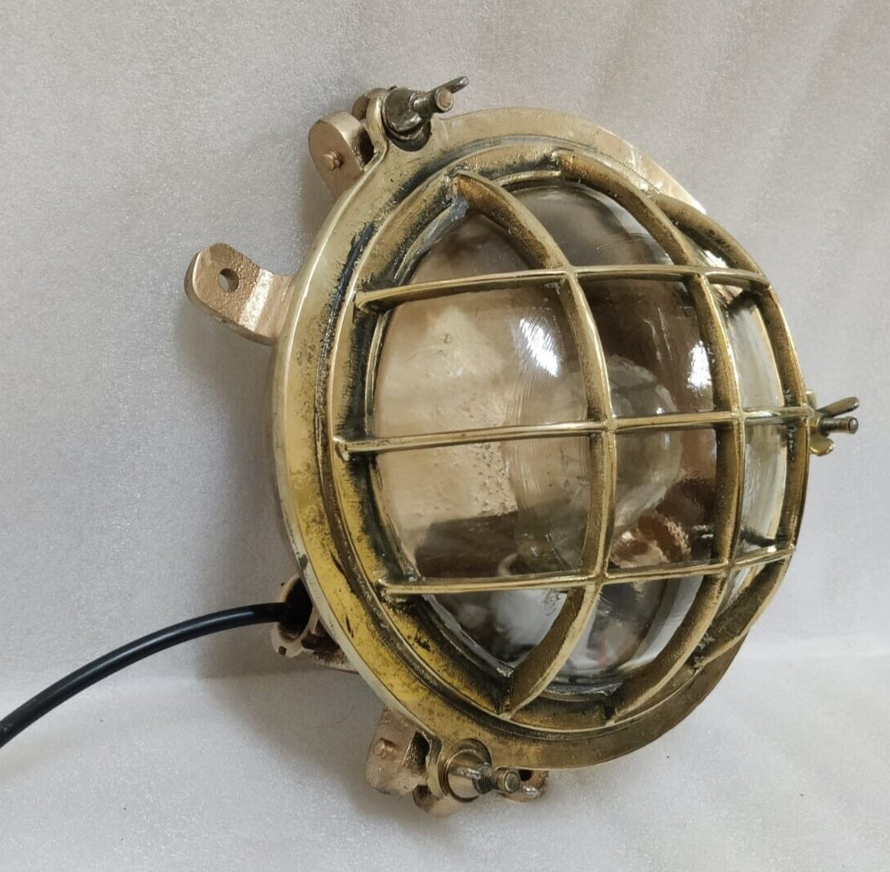 Vintage original Brass Cage&Iron Base Bulkhead passageway Light 2PC.
