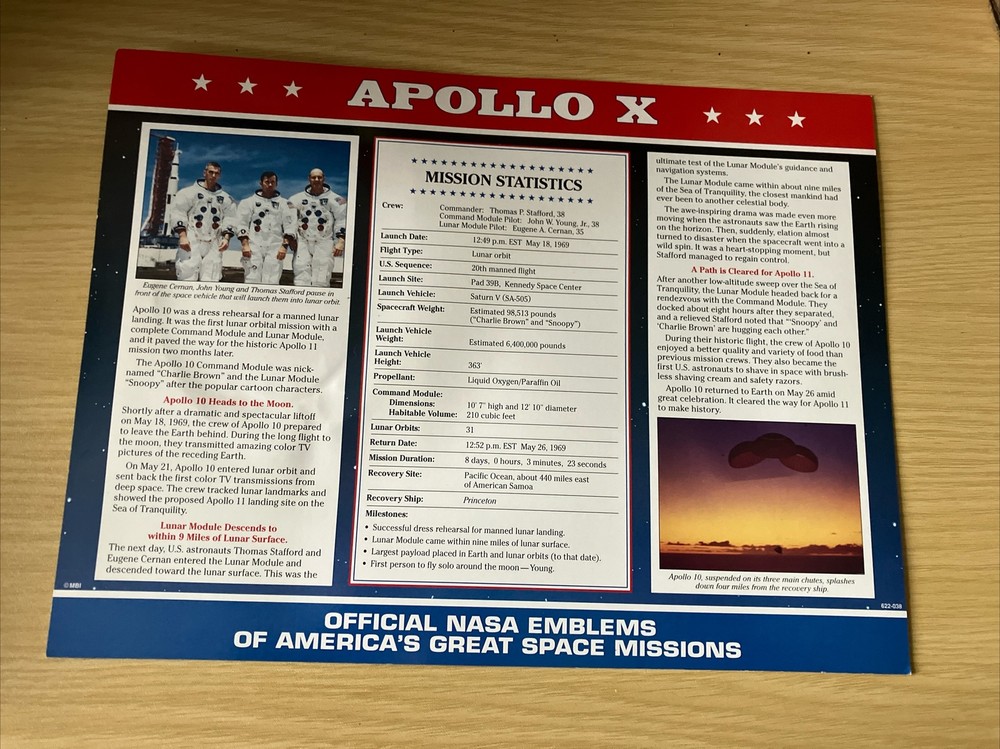 Apollo X Apollo 10 Mission Patch & Fact Card | Stafford Young Cernan
