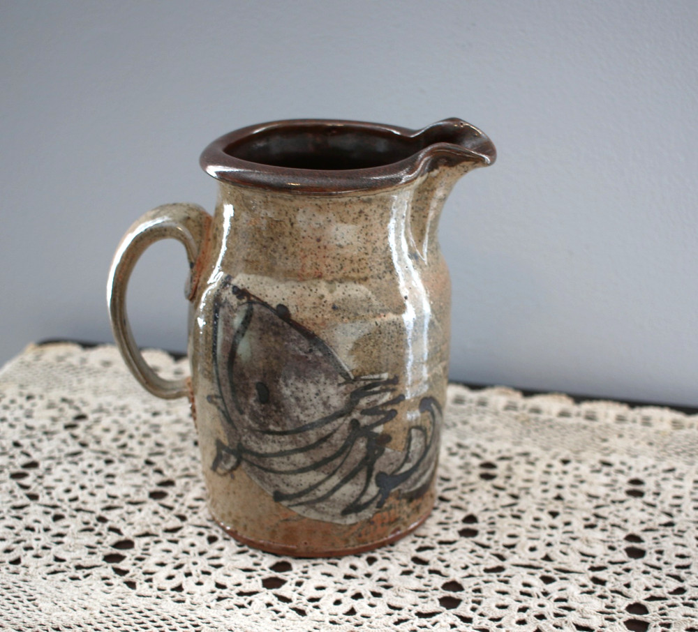 Art Pottery Studio Pitcher Signed LS Tan Brown Decorative Fish Pattern Speckled
