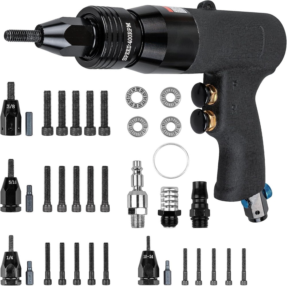 Adjustable Speed Air Rivet Gun with Self-Locking Heads - Complete 4 Size Kit