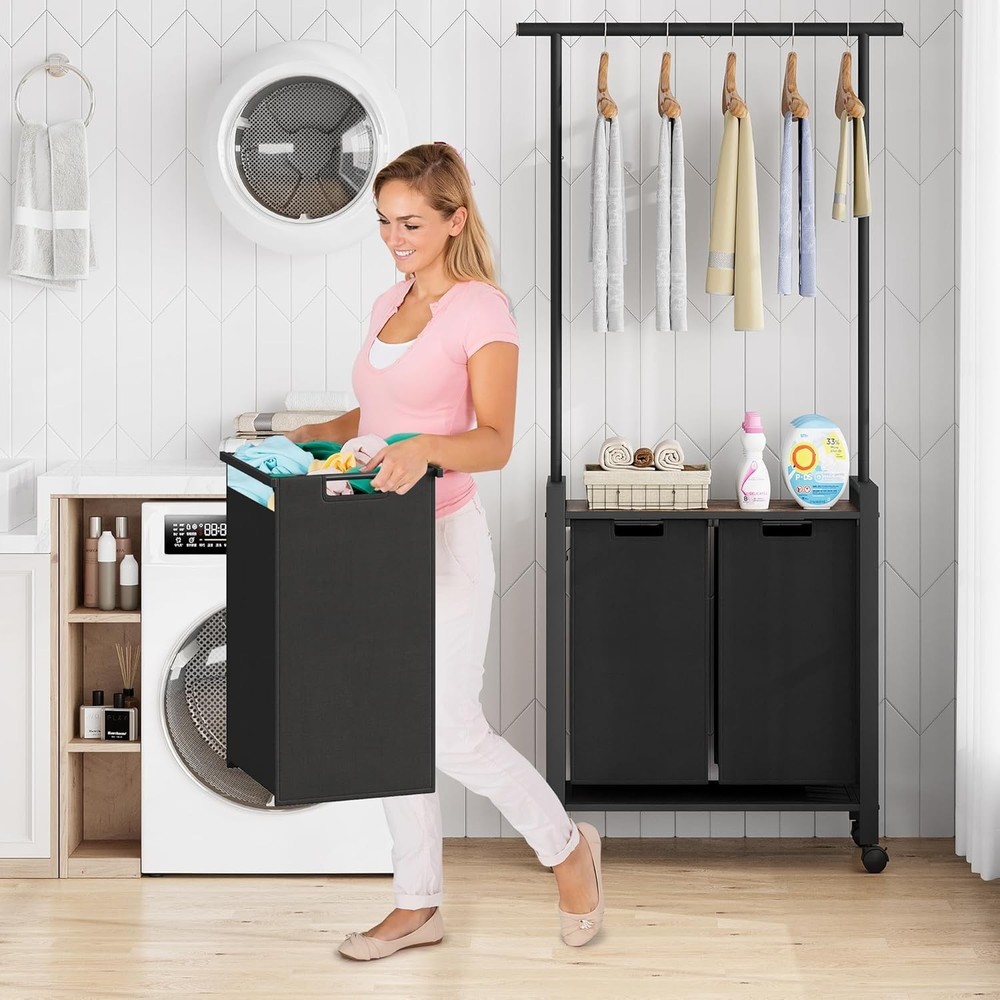 2-Section Rolling Laundry Hamper Sorter+Retractable Hanging Rod for Laundry Room