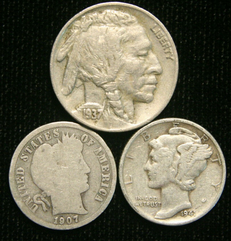 Old US Coin Estate Lot Barber Dime Buffalo Nickel Mercury Dime 3 Coin Set