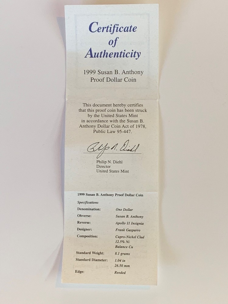 Susan B Anthony 1999-P Proof Dollar OMP & COA