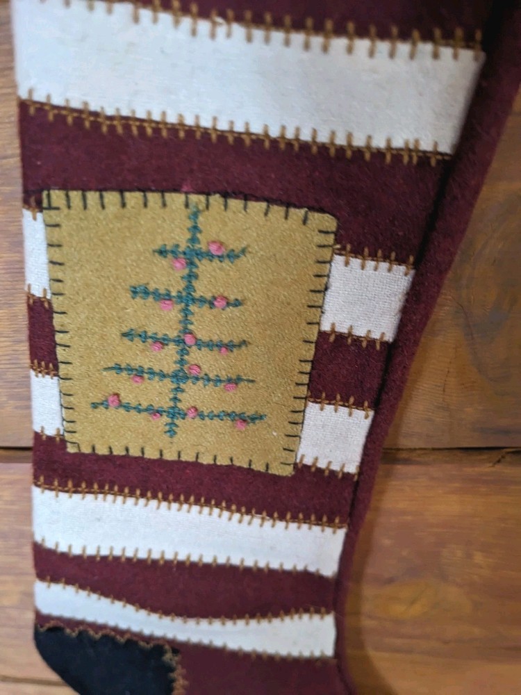 Primitive Handmade Stocking Features Primitive Stitches and Embroidery Tree 18"