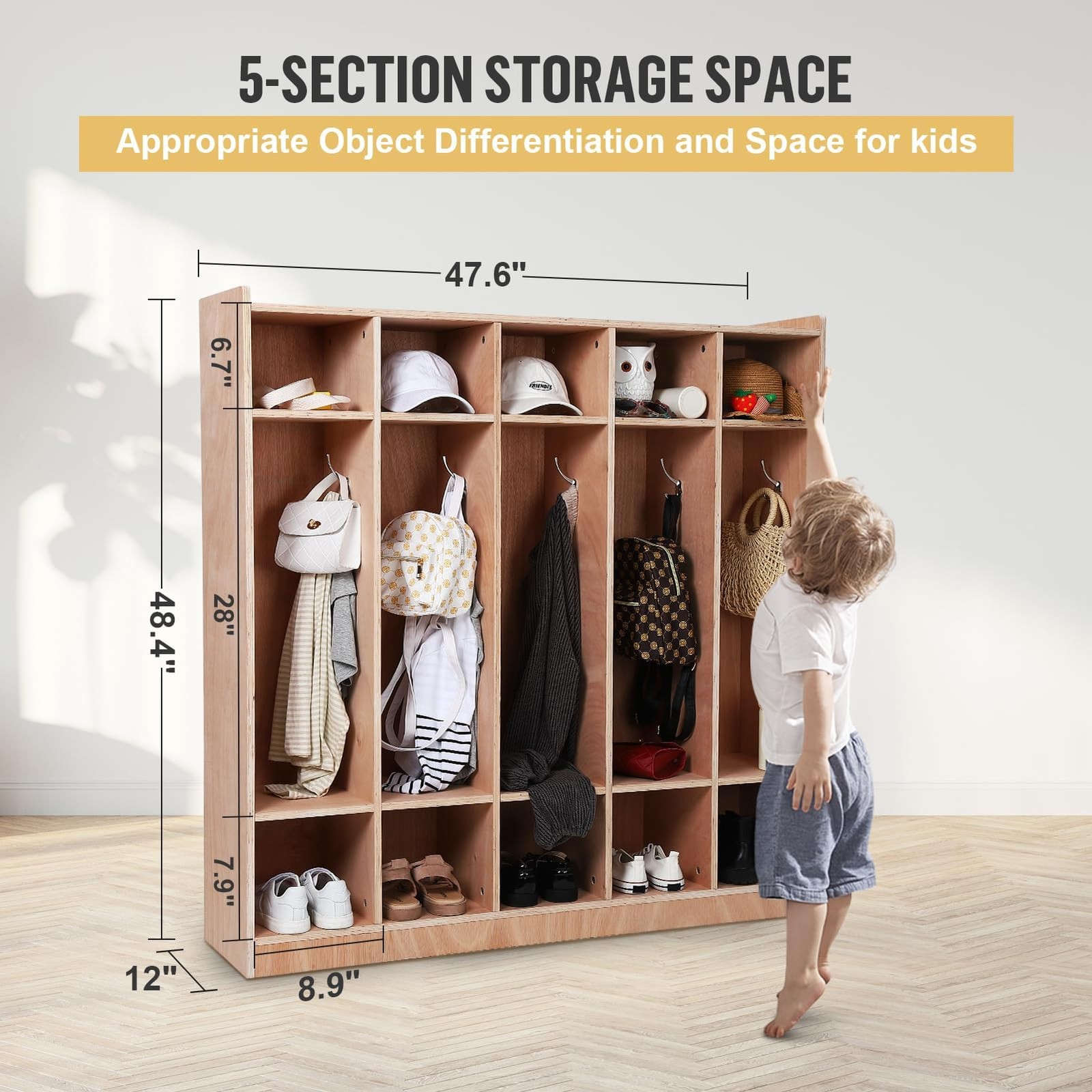 Daycare Cubby 5-Section 10 Cubbies with 4 Hidden Wheels 5 Hooks 2 Storage Boxes