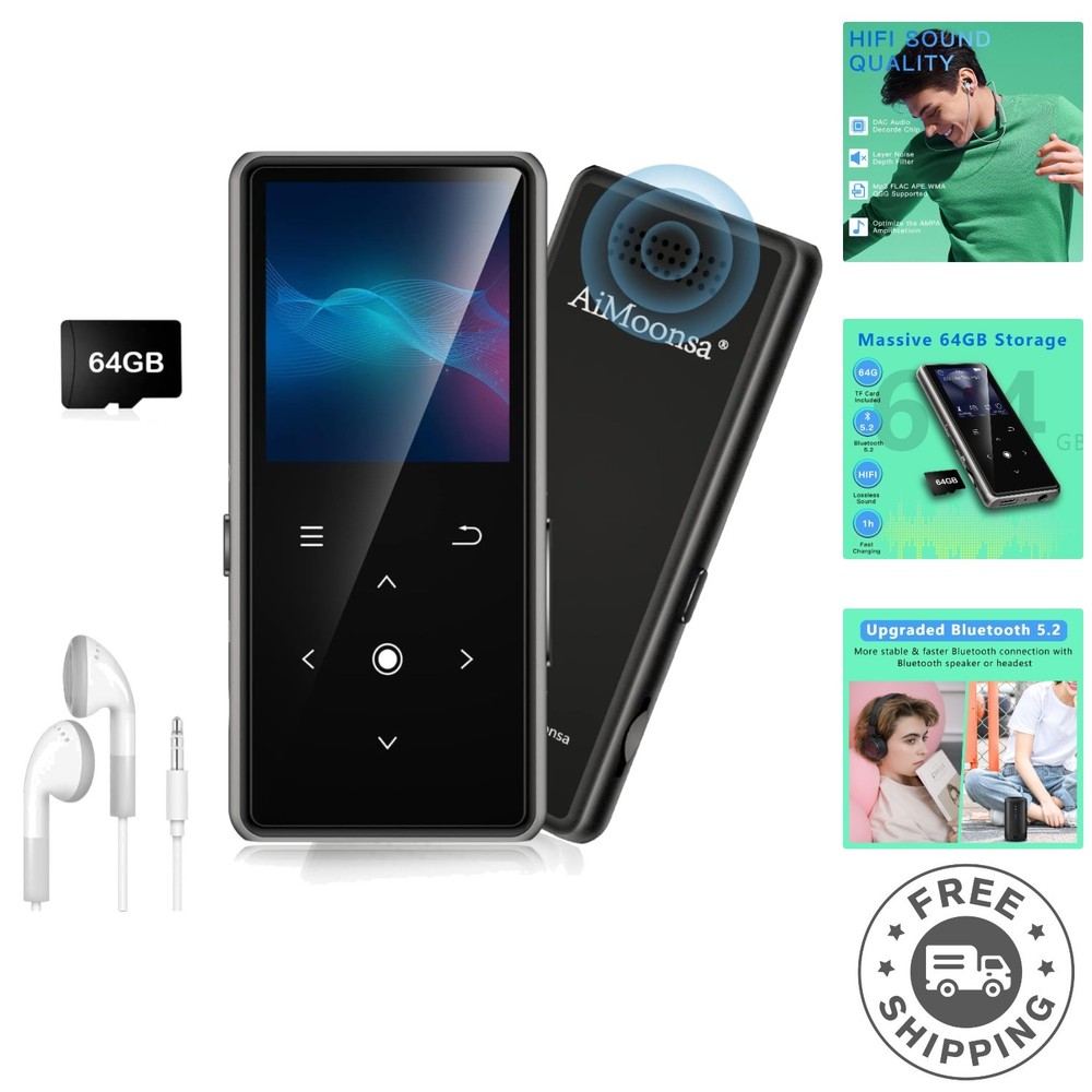 Compact 64GB MP3 Player with Touch Buttons, FM Radio & E-Book Function