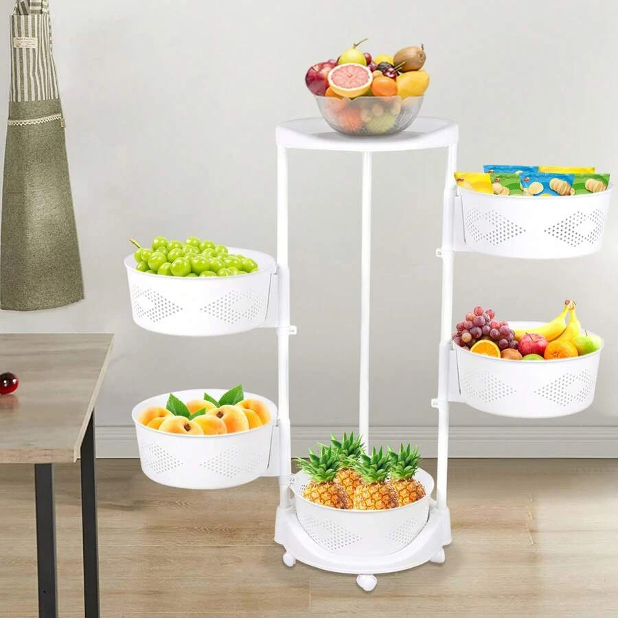 NEW 5-Tier Rotating Storage Shelf With Casters, Adjustable Height, Modern White