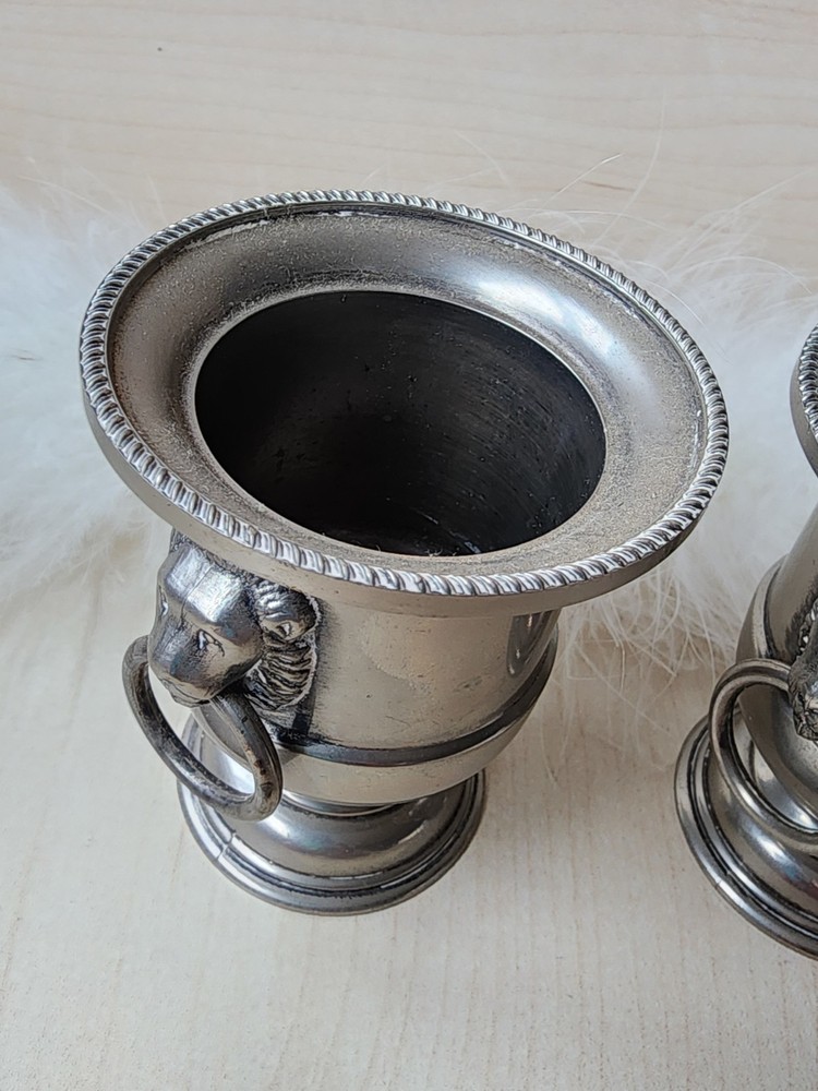 🌿 Pair Of Vintage EALES 1776 Lion's Head Metal Pot Silverplate 3" bucket Urns