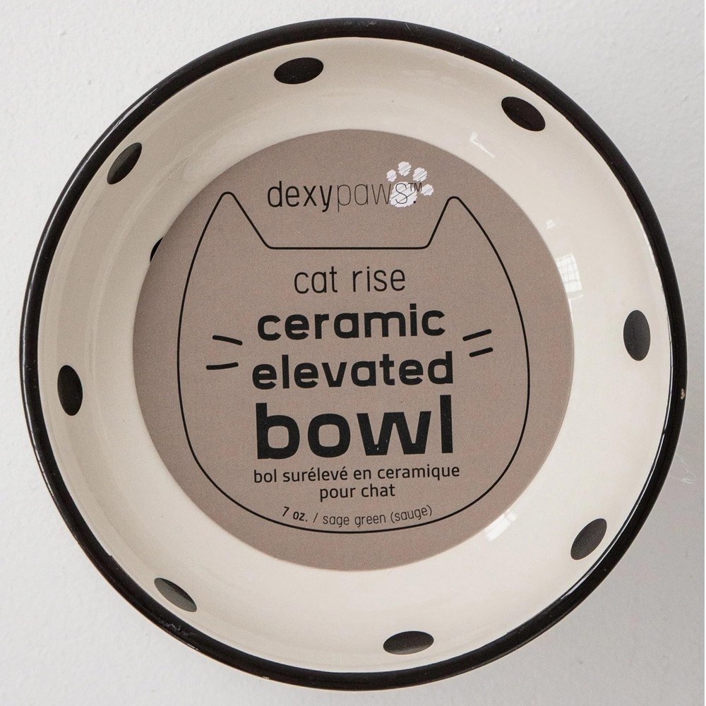 Dexypaws Elevated Ceramic Cat Bowl - White/Black Polka Dots - 8.7oz