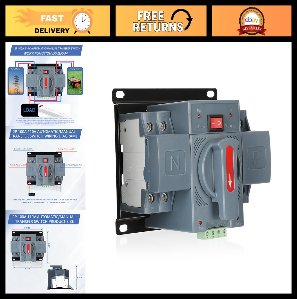 Automatic/Manual Transfer Switch 100A 2P AC110V Dual Power Generator ATS, CE Cer