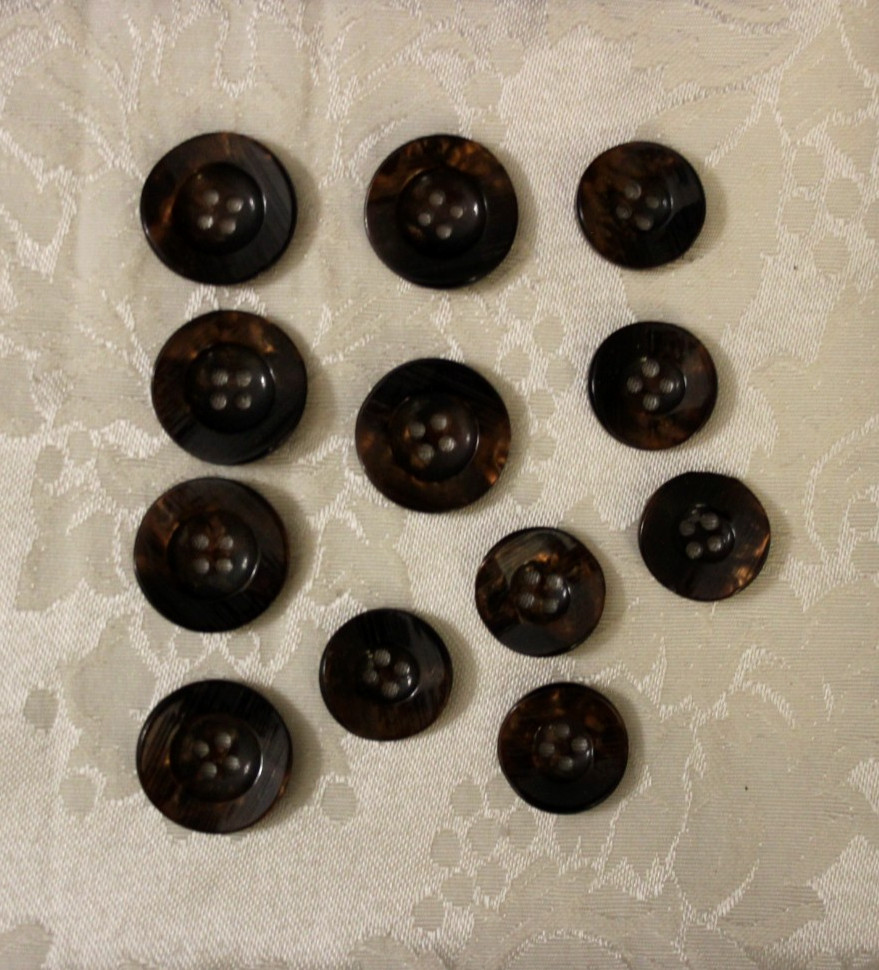 12 Vintage Brown Plastic Buttons with copper shine
