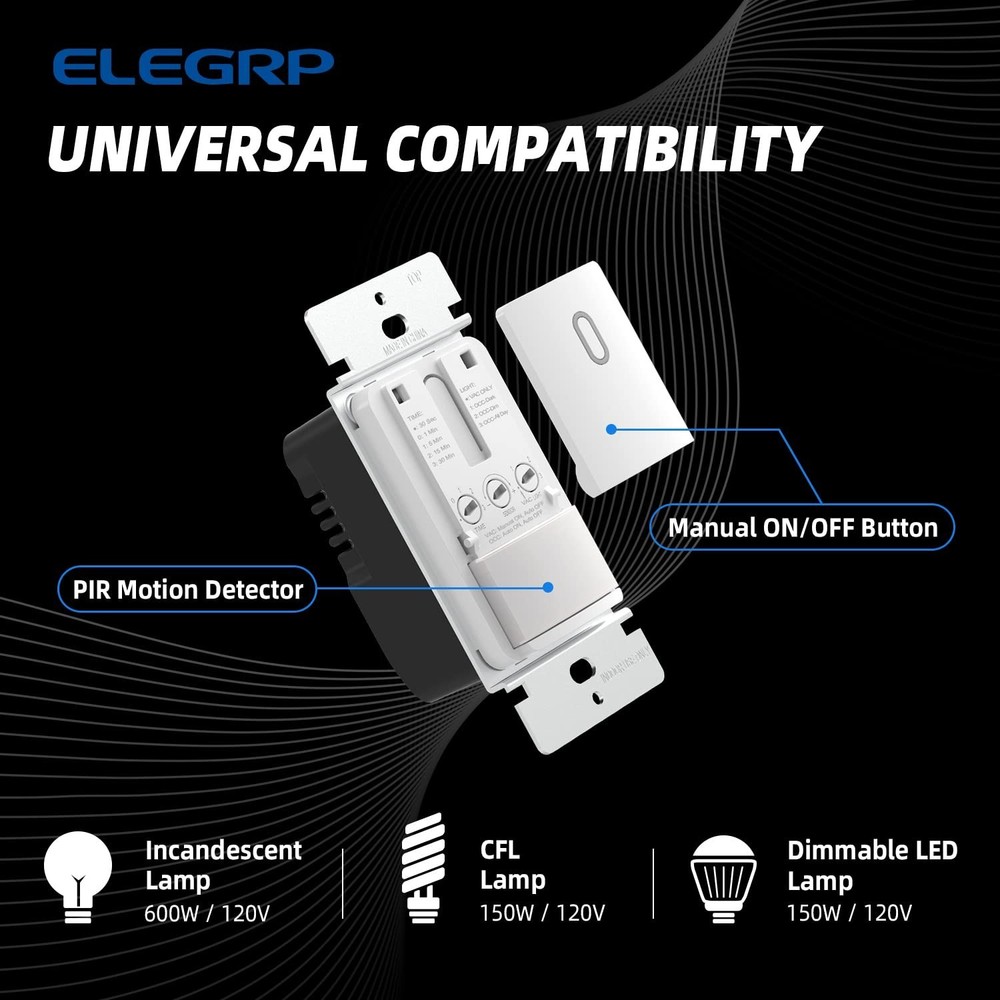 Single Pole Occupancy Motion Sensor Light Switch, PIR Infrared Motion Activated