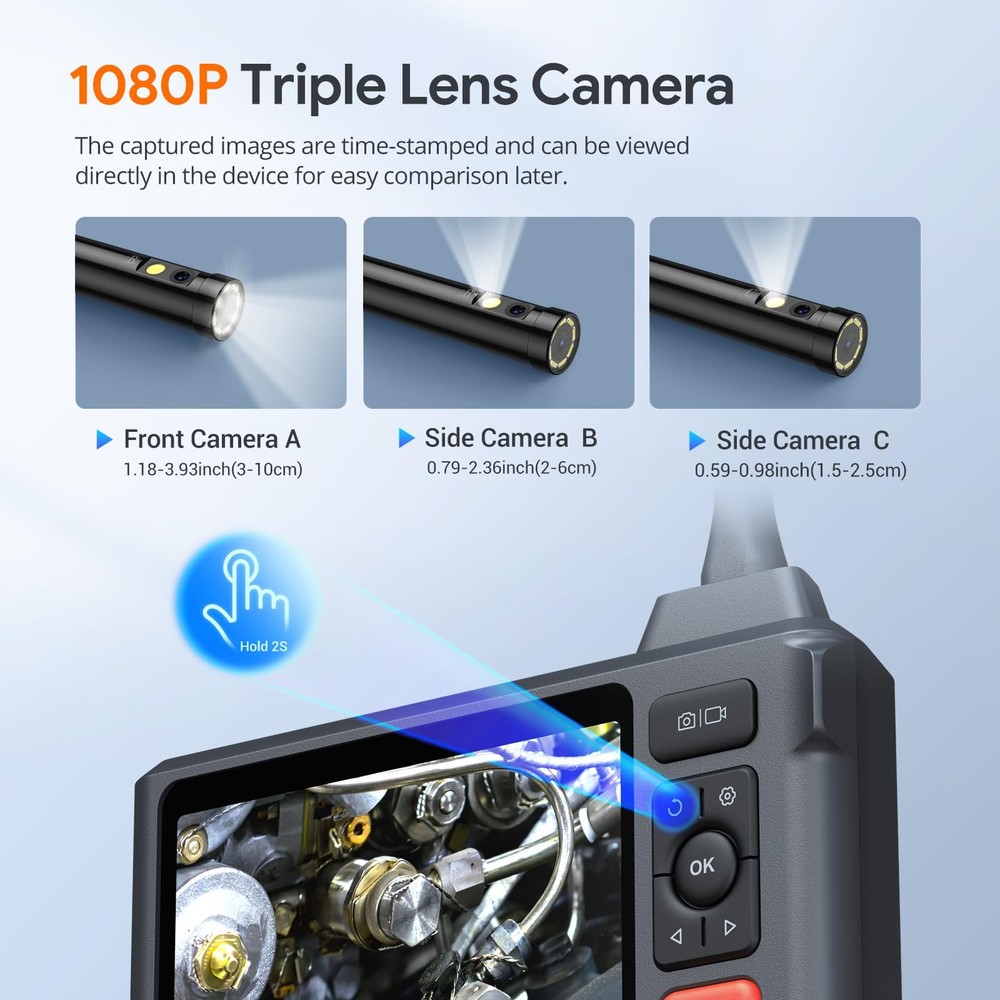 Triple Lens Endoscope Camera with Light with 50FT Semi-Rigid Cable, 5" IPS Sc...