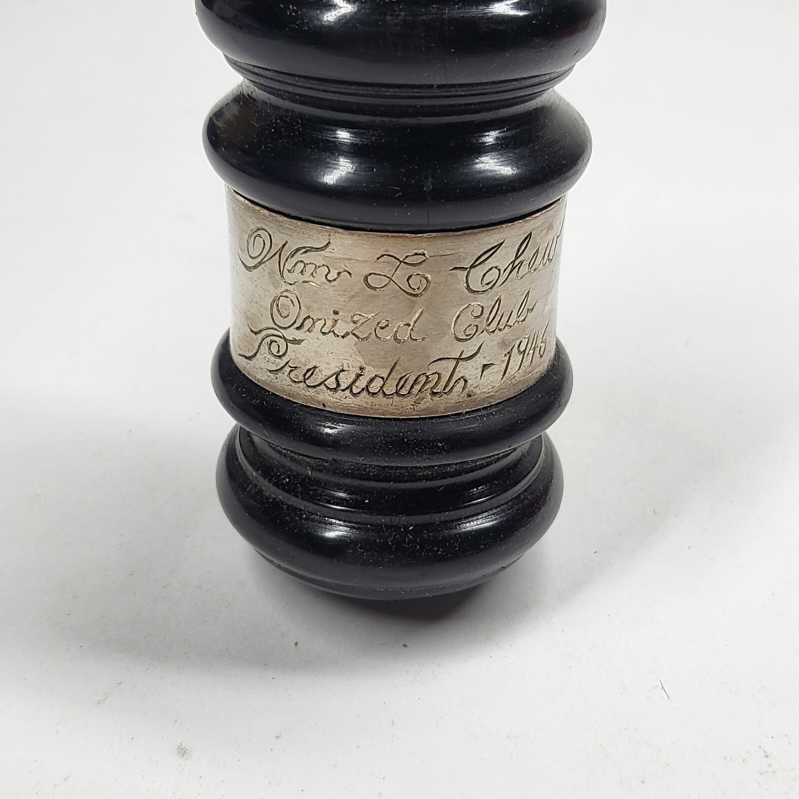 Ebony Wood Gavel w/Sterling Silver Band 10” Vintage 1946 Engraved Onized Club