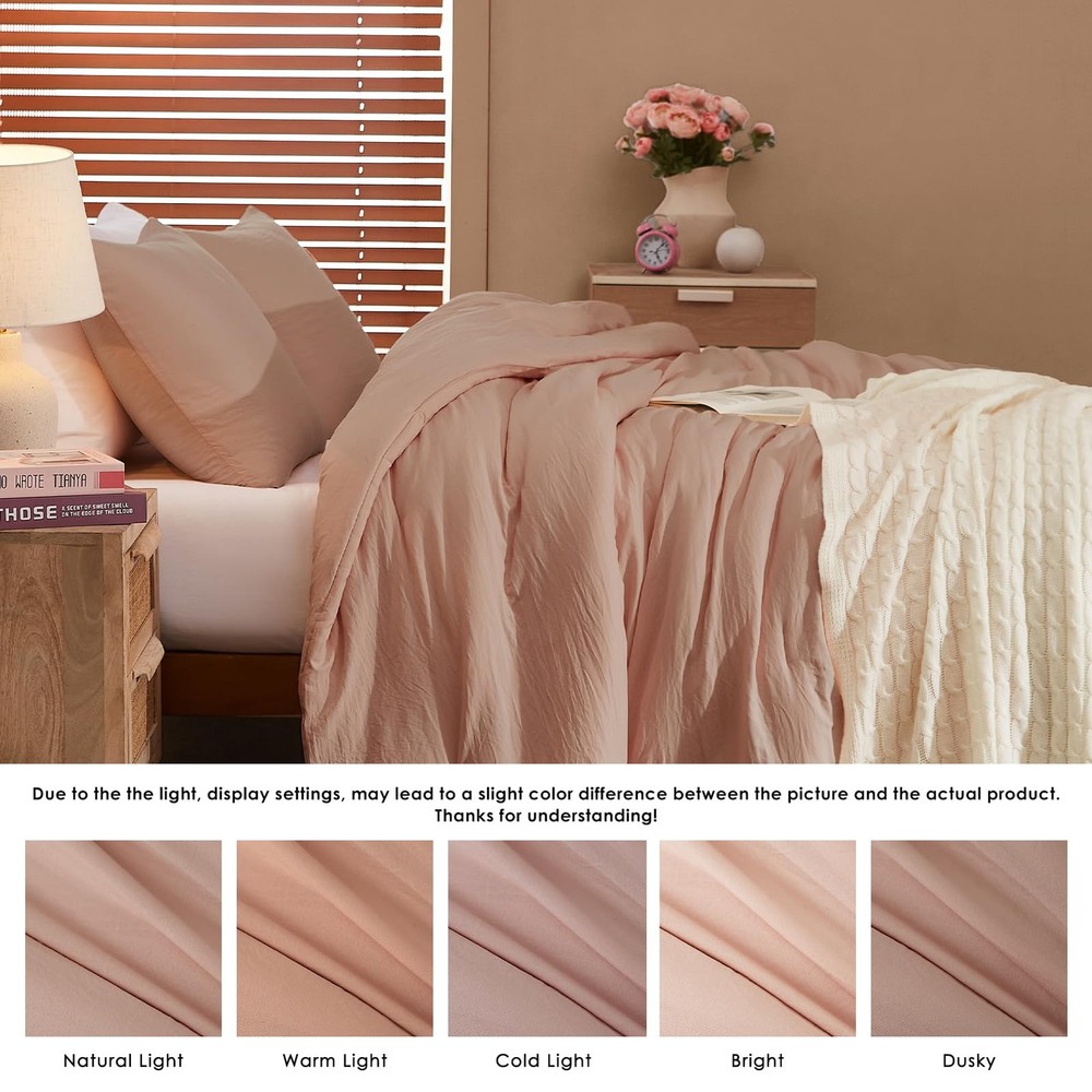 Queen Comforter Set - 3 Pieces Dusty Pink Comforter Prewashed Soft Lightweigh...
