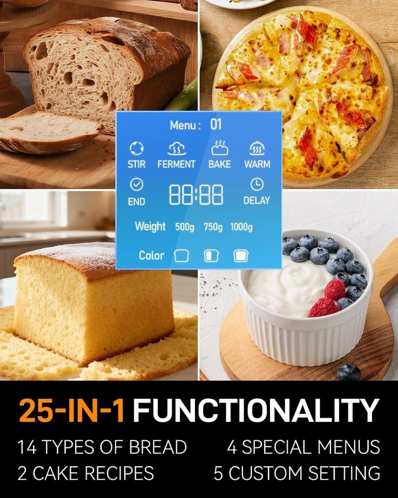 Automatic Bread Maker 2lb, 25-IN-1,Touch Screen, Visible Lid, Auto Nut Dispenser